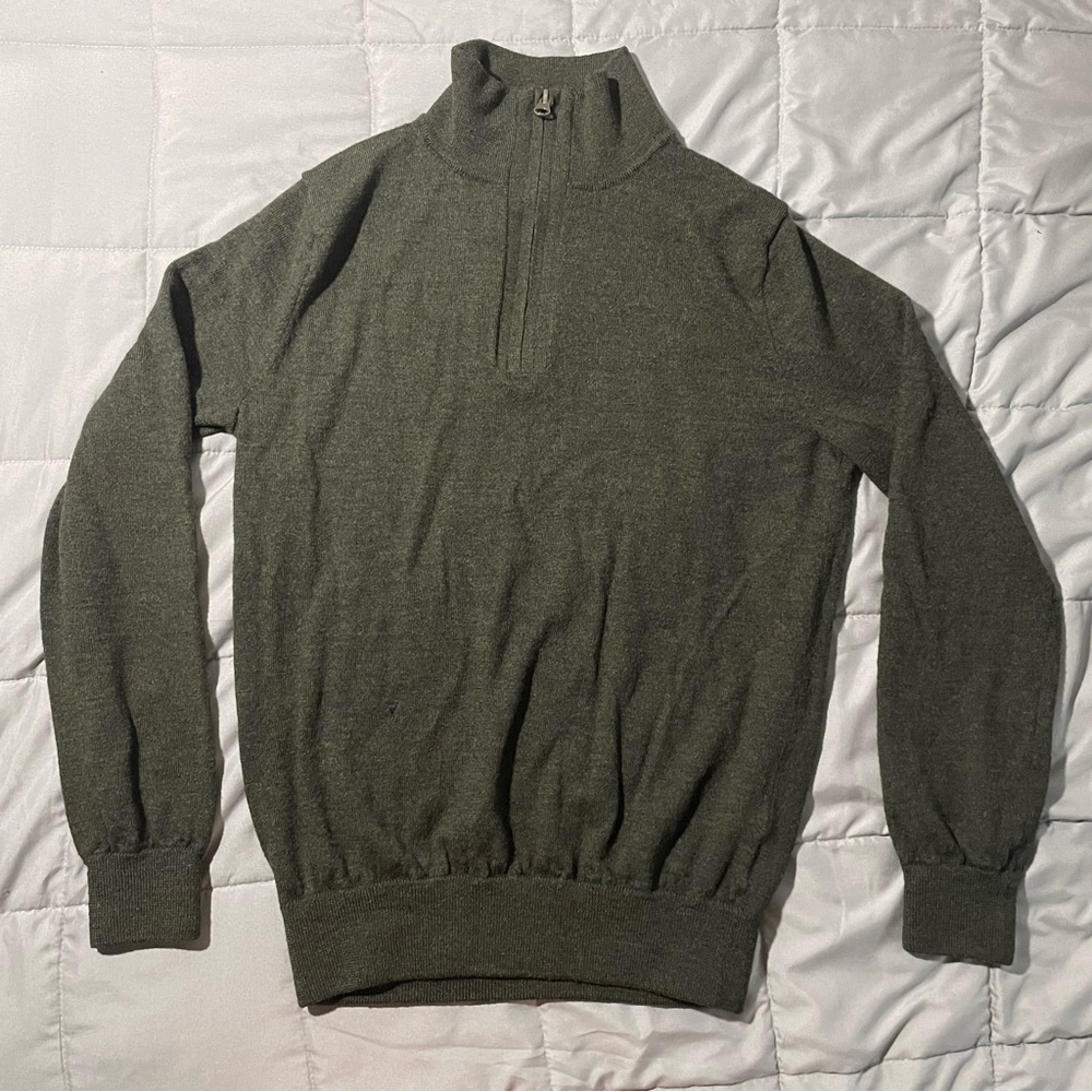 J Crew Merino Wool Pullover Sweater Slim Olive Green 1/4 Quarter Zip Men’s Small